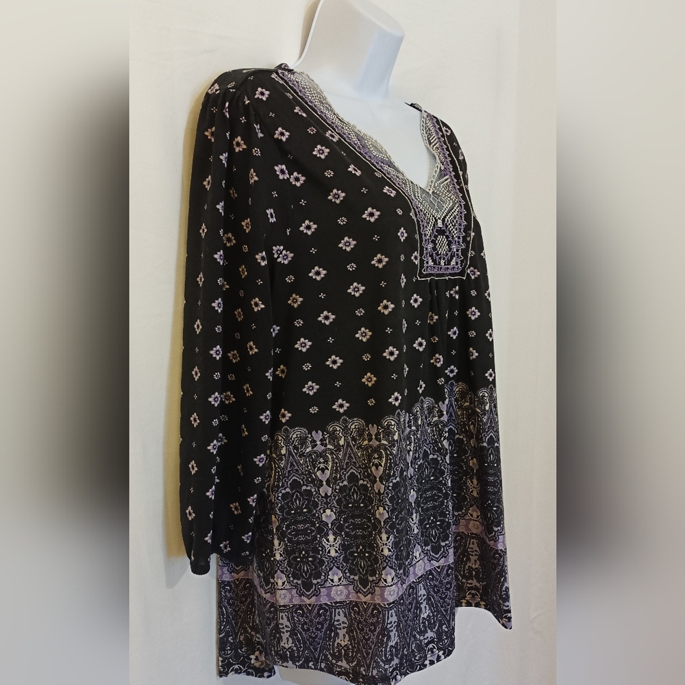 Absolutely Famous Bohemian Peasant Black White Purple Women’s Blouse  Size XL